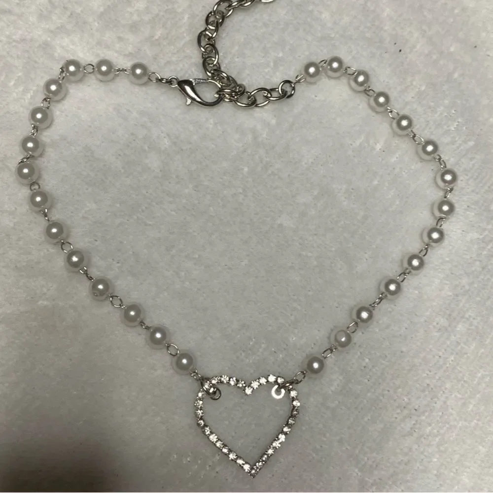 Fancy Pearl Rhinestone HeartbDog Bling Necklace Collar